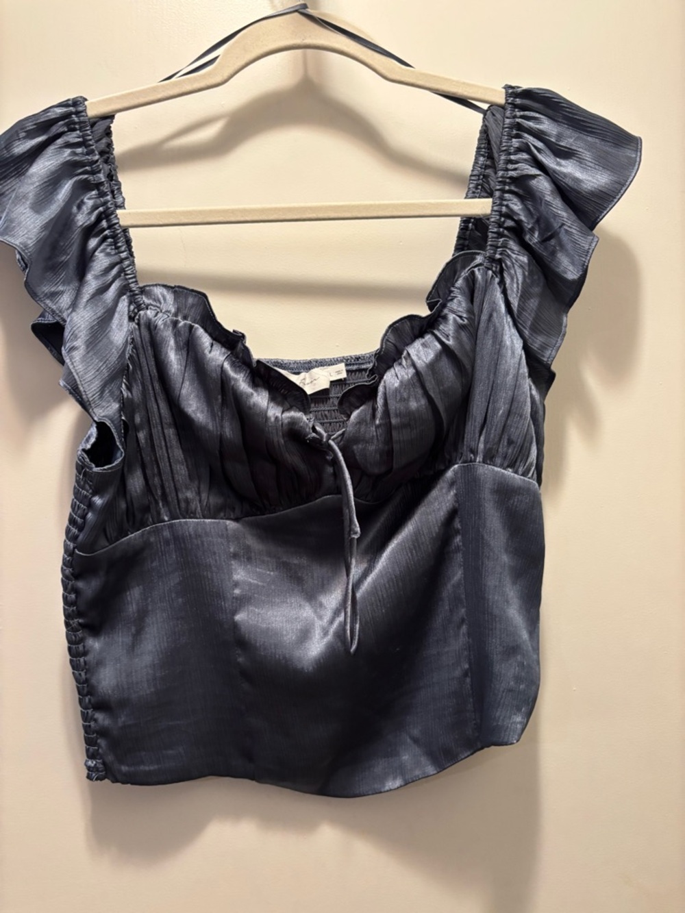 All in Favor Shimmery Slate Blue Ruffle Crop Top